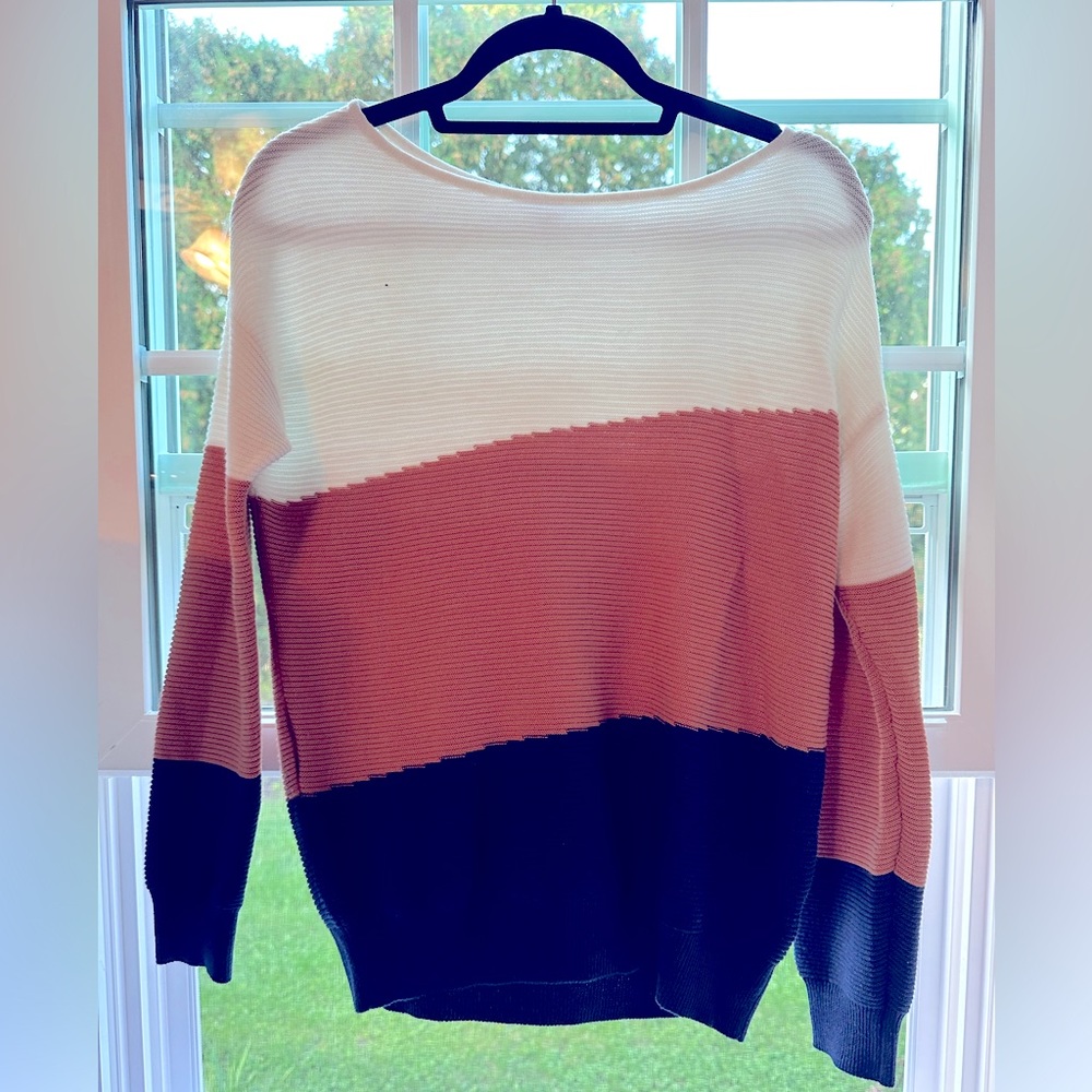Evolution white, burnt orange, and blue stripe sweater